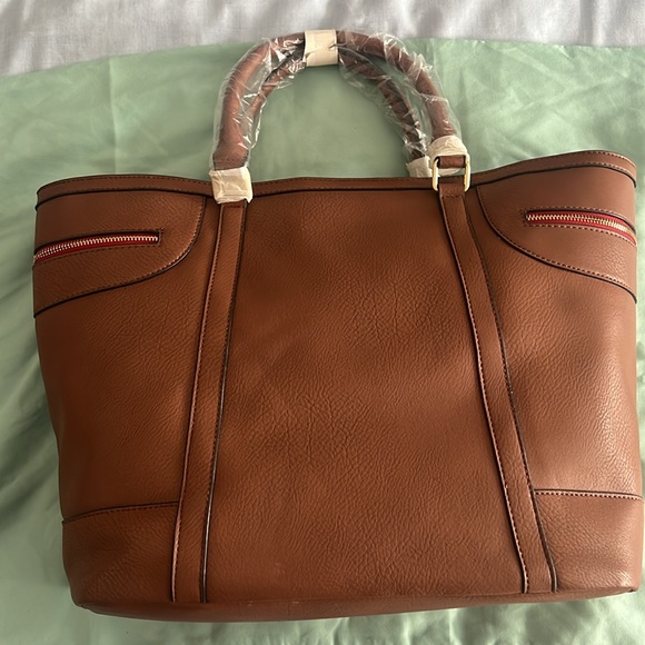 JustFab Large Tote. Cognac Color With Black And White Striped Interior - Picture 5 of 7